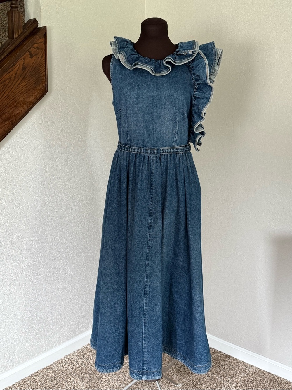 CO Asymmetrical Ruffle Denim Midi Dress Belted 100% Cotton Size M